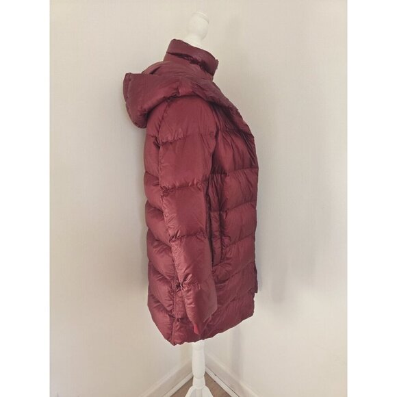 Athleta Lofty Goose Down Hooded Maple Burgundy Red Puffer Coat Zip Snap XS - Picture 8 of 16